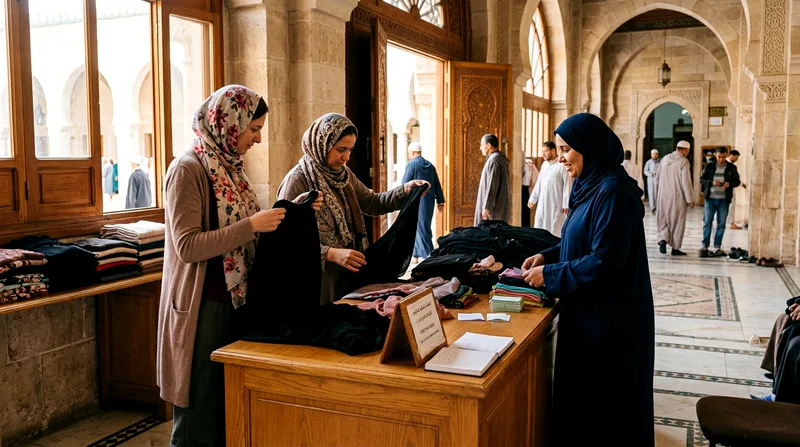 Women wearing abayas and headscarves at mosque entrance dress code station.