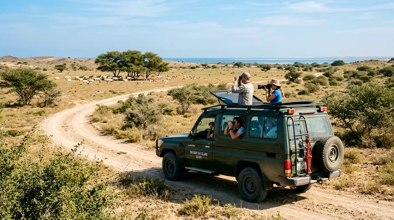 Safari 4x4 vehicle observing island wildlife from safe distance