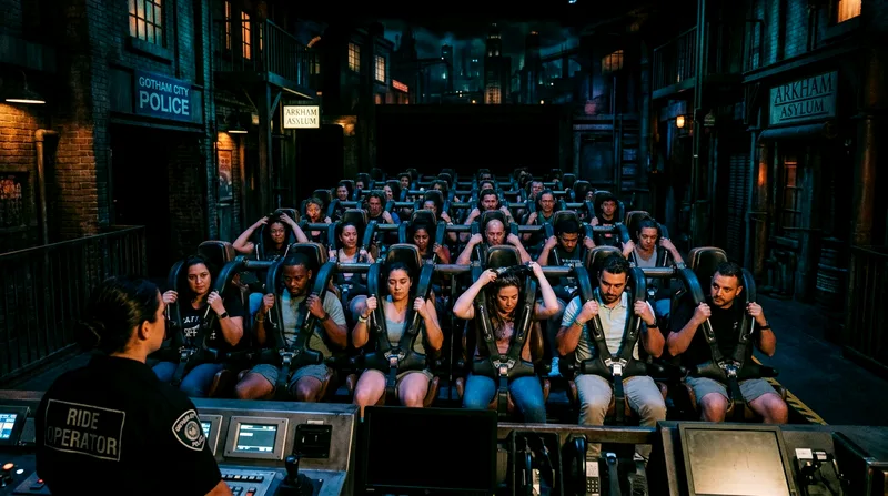 Justice League motion-simulator ride with riders secured in seats