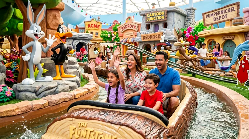 Family enjoying a ride in Cartoon Junction zone with Looney Tunes characters at Warner Bros World Abu Dhabi
