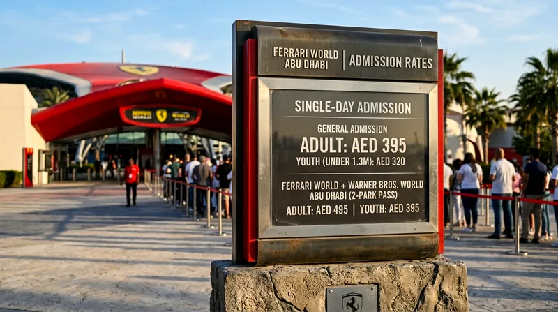Individual ticket price board displayed at Ferrari World entrance gate