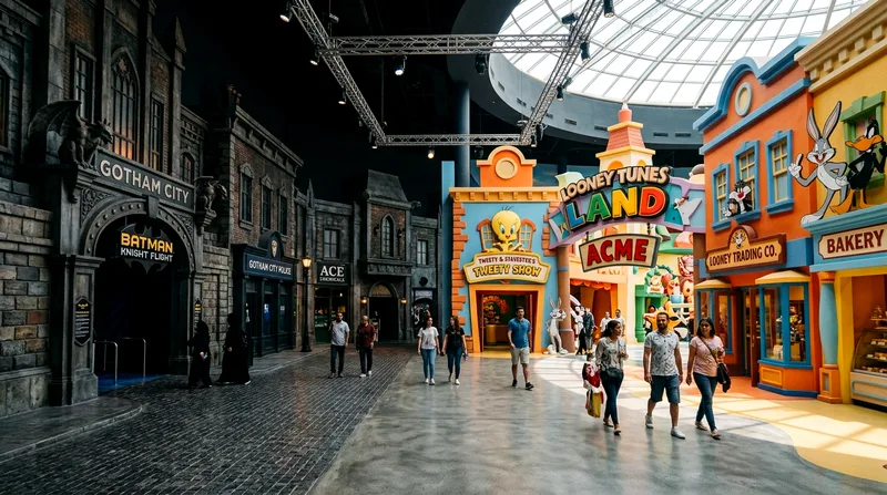Warner Bros World facade showing Gotham and Looney Tunes themed zones inside