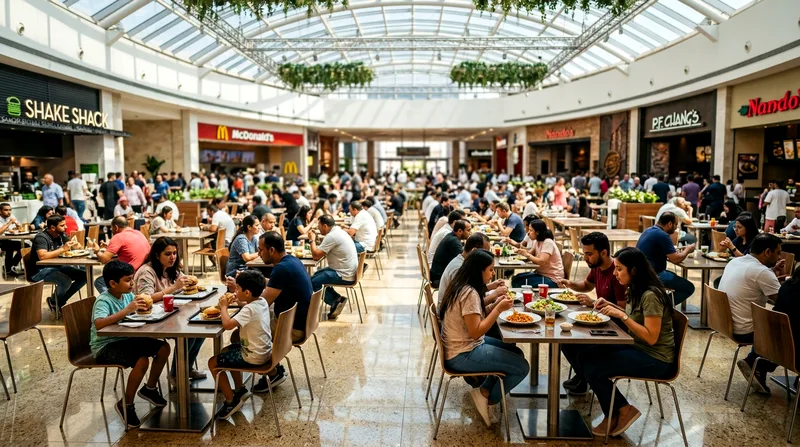 Yas Mall interior dining court with lunchtime crowd seated at tables