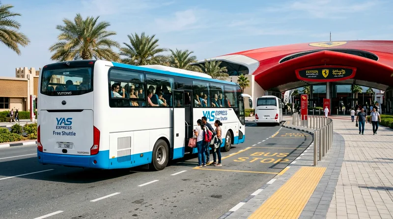 Free shuttle bus arriving at theme park drop-off area on Yas Island