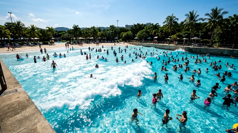 Swimmers in Yas Waterworld wave pool with artificial waves