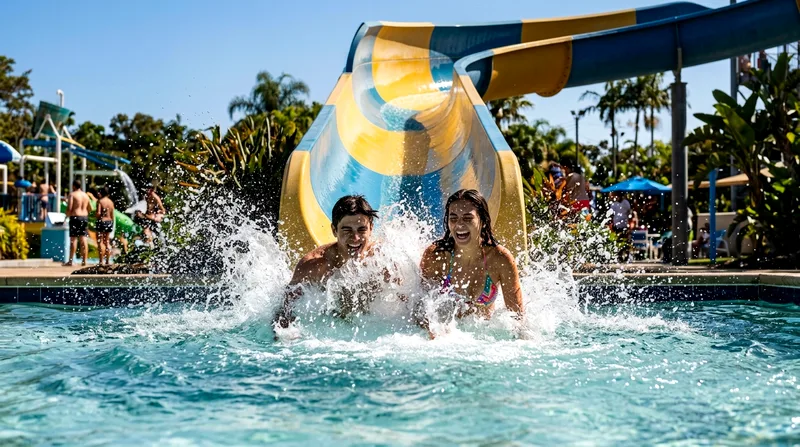 Riders splashing down drop-slide base with visible speed and water